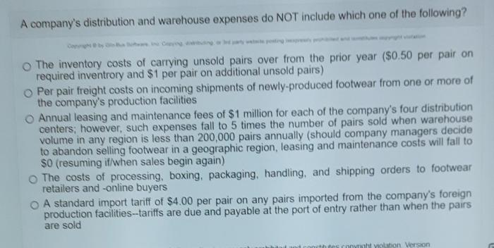 Bsg a companys distribution and warehouse expenses