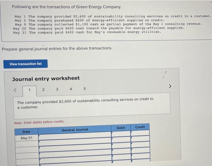 Following are the transactions of green energy company